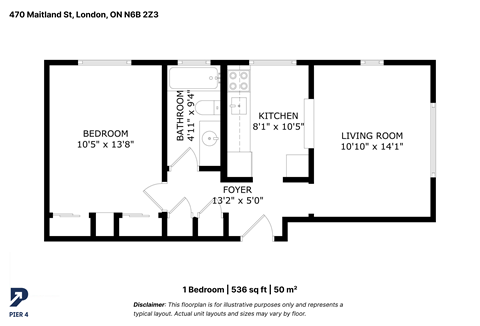 Floor plan for 1 bed, 1 bath, 536 sqft